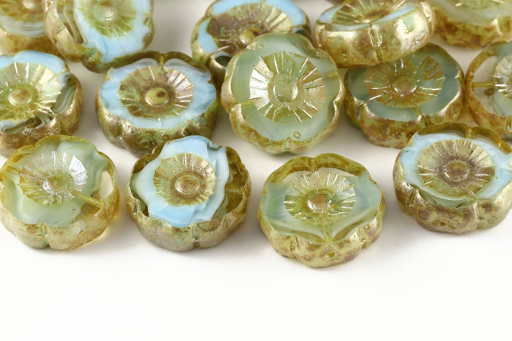 Hawaiian Flowers 22mm Crystal&Opaque Aquamarine Picasso 1-Hole Czech Beads