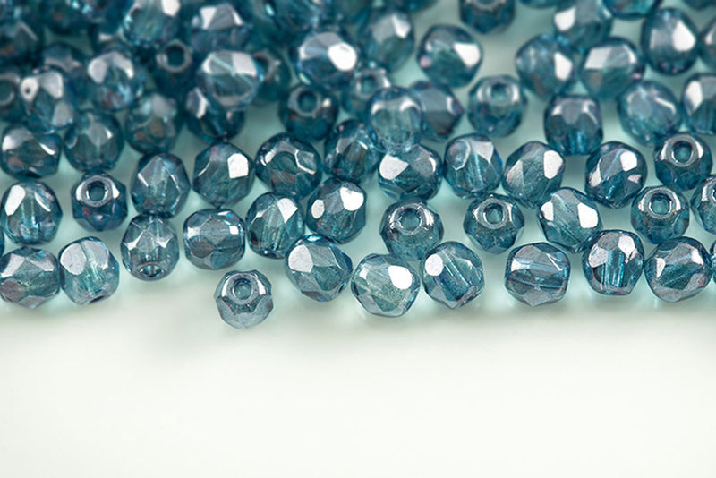 Czech Fire Polished 3mm Crystal Blue Luster Round Beads