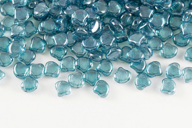 Ginko 7.5×7.5mm Crystal Blue Luster 2-Hole Czech Beads