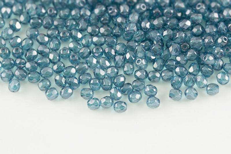 Czech Fire Polished 4mm Crystal Blue Luster Round Beads