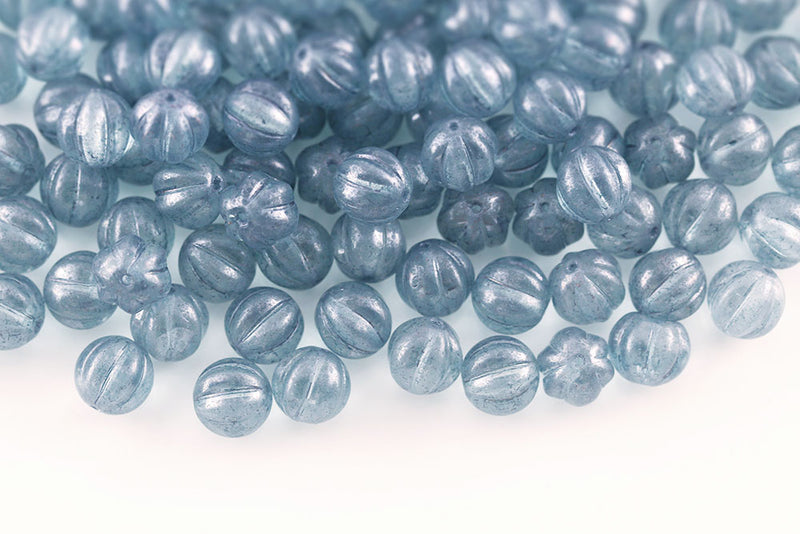 Melon 8mm Crystal Silky Blue Luster Czech Beads