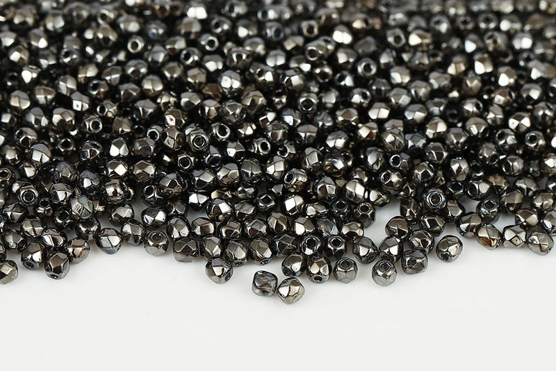 Czech Fire Polished 2.0mm Crystal Hematite Round Beads