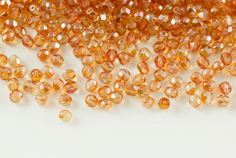 Czech Fire Polished 4mm Crystal Apricot Round Beads