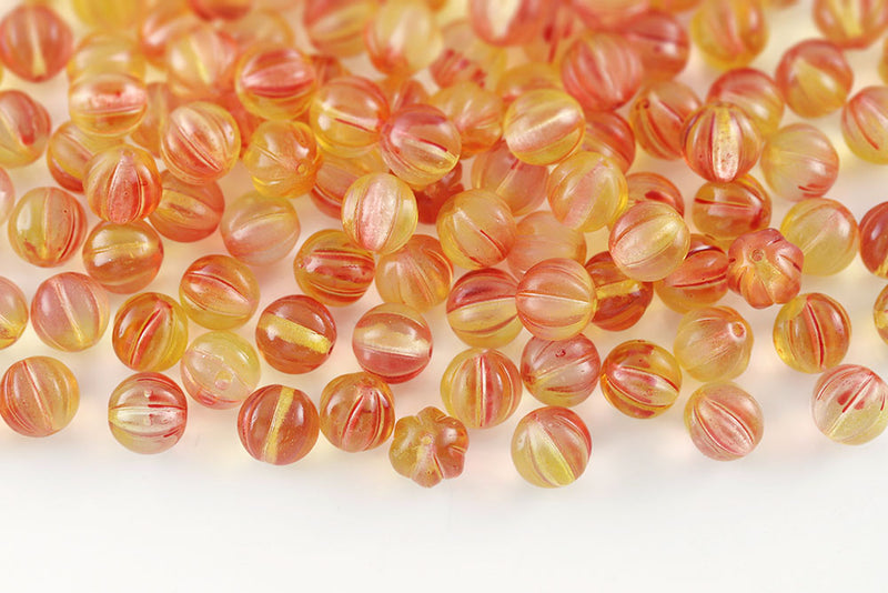 Melon 8mm Crystal Yellow Red Finish Czech Glass Beads