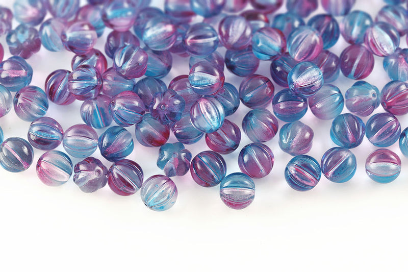 Melon 8mm Crystal Blue Rose Finish Czech Glass Beads