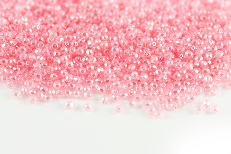 Czech Fire Polished 3mm Pink Pearl Round Beads