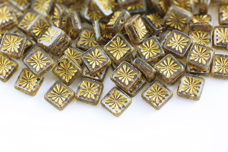 Squared Kiwi 10×10mm Crystal Travertin With Gold 1-Hole Czech Beads