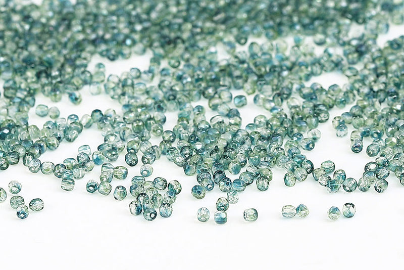 Czech Fire Polished 2.0mm Crystal Blue Green Mottled Finish Round Beads