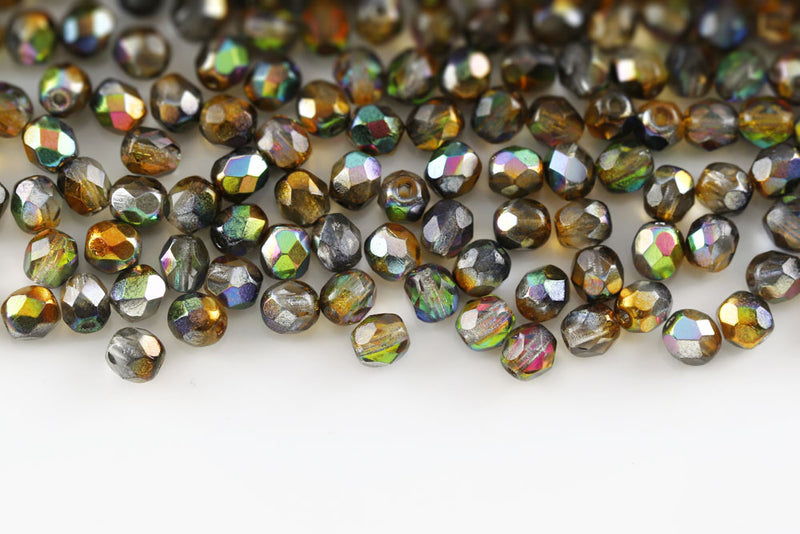 Czech Fire Polished 4mm Magic Orange Gray Round Beads