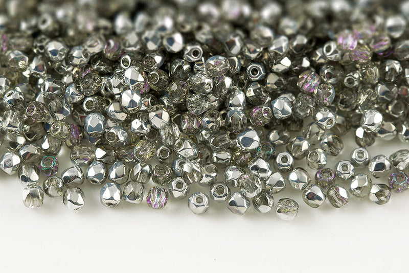 Czech Fire Polished 2.0mm Crystal Silver Rainbow Round Beads