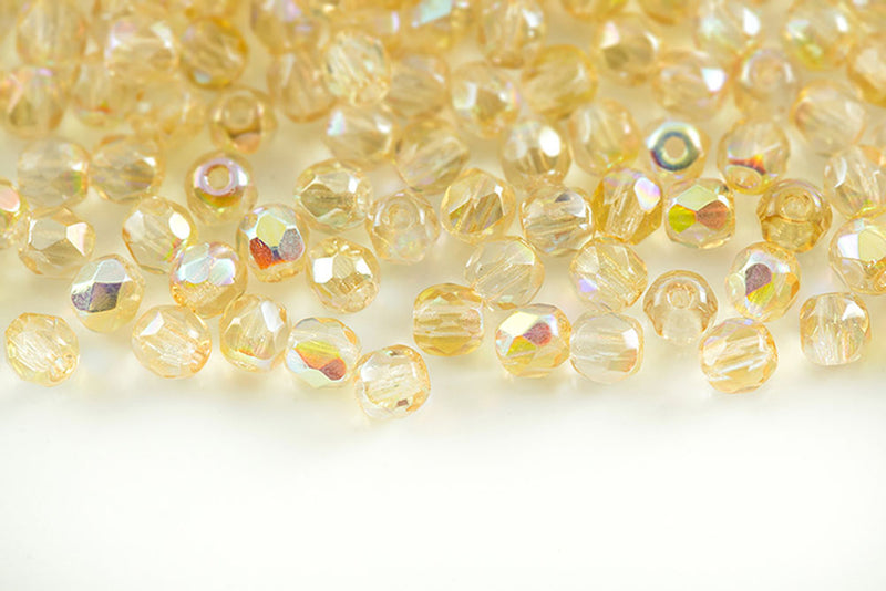 Czech Fire Polished 3mm Crystal Yellow Rainbow Round Beads