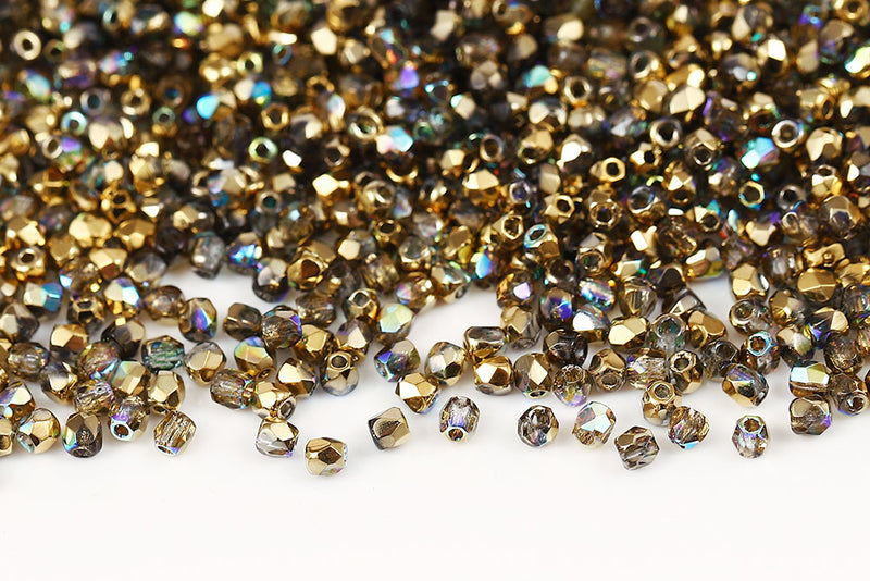 Czech Fire Polished 2.0mm Crystal Golden Rainbow Round Beads