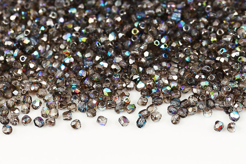 Czech Fire Polished 2.0mm Crystal Graphite Rainbow Round Beads