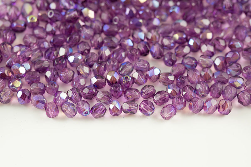 Czech Fire Polished 4mm Crystal Tanzanite AB Finish Round Beads