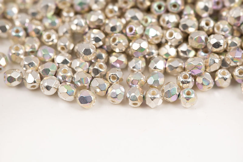 Czech Fire Polished 3mm Silver Plated AB Round Beads