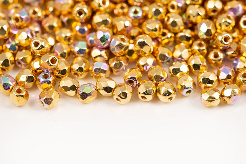 Czech Fire Polished 3mm Gold Plated AB Round Beads