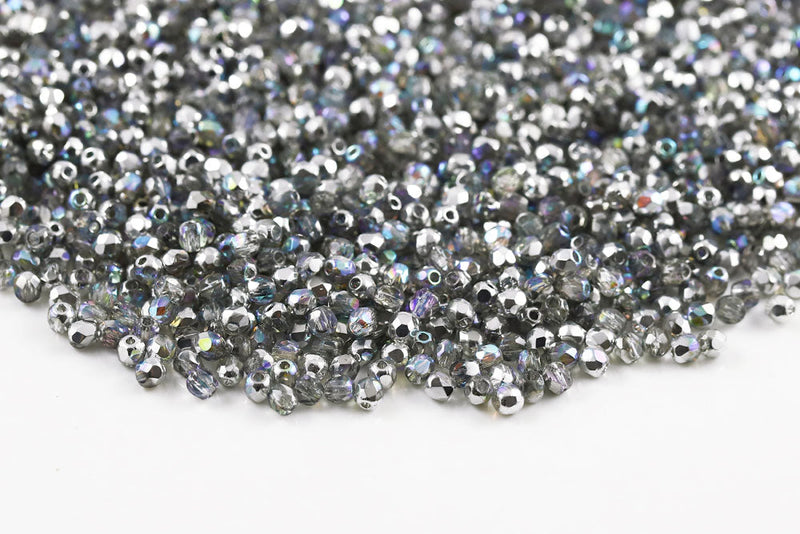 Czech Fire Polished 3mm Crystal Silver Rainbow Round Beads