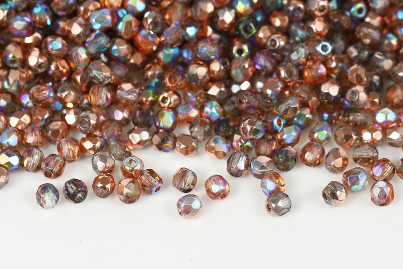 Czech Fire Polished 3mm Crystal Cooper Rainbow Round Beads