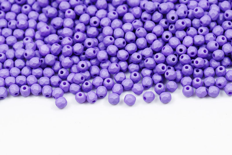 Czech Fire Polished 3mm Neon Silk Lavender Round Beads