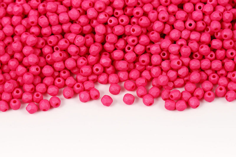 Czech Fire Polished 3mm Neon Silk Raspberry Round Beads