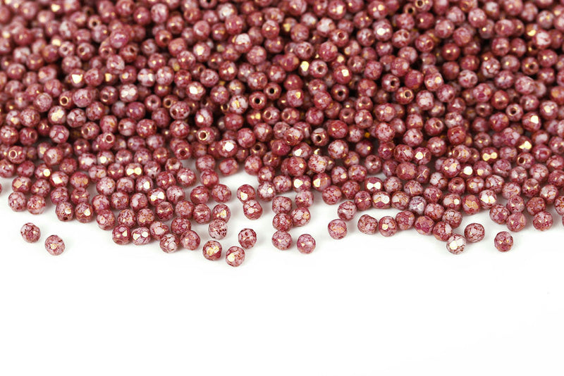 Czech Fire Polished 3mm Chalk With Gold Marble Finish Round Beads