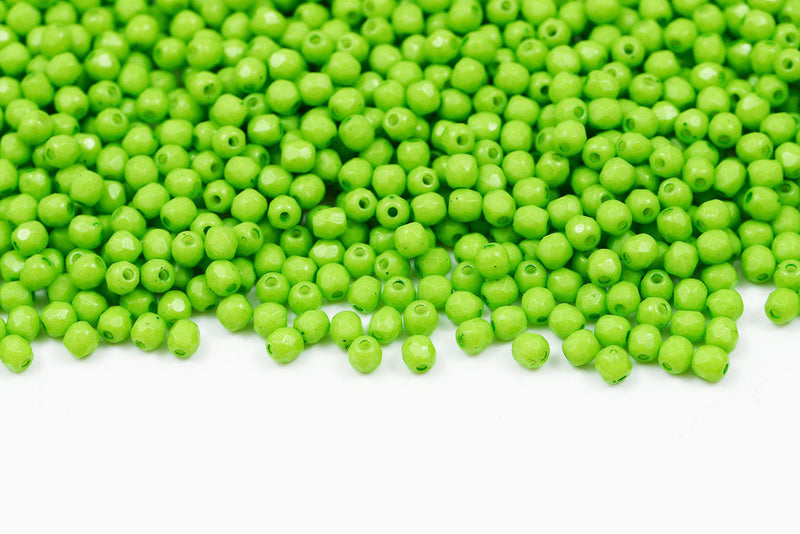 Czech Fire Polished 3mm Chalk Apple Green Finish Round Beads