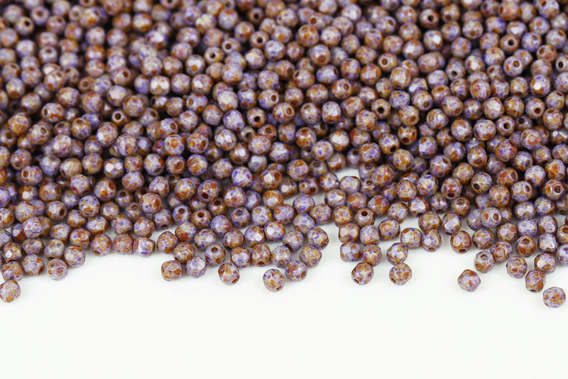 Czech Fire Polished 3mm Chalk Purple Marble Finish Round Beads
