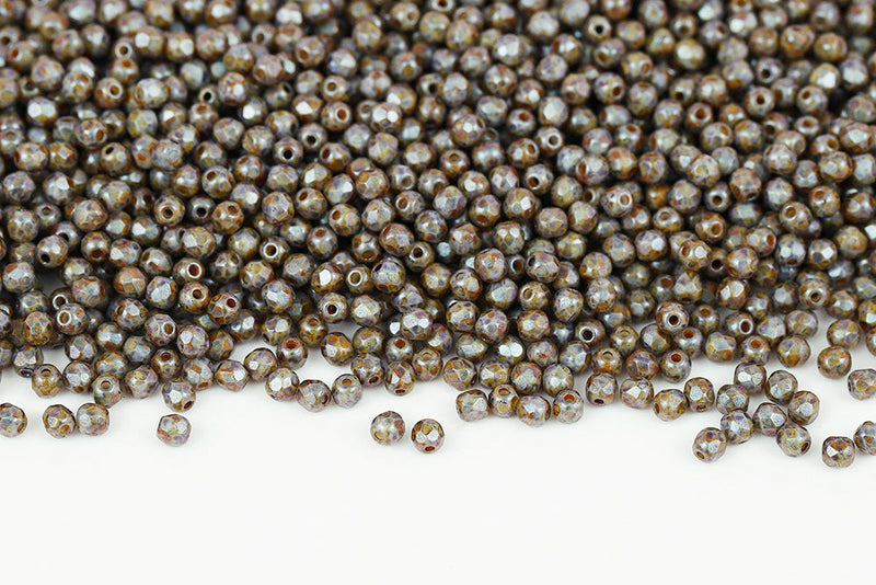 Czech Fire Polished 3mm Chalk Gary Marble Finish Round Beads