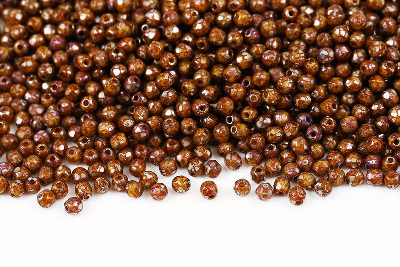 Czech Fire Polished 3mm Opaque Ivory Picasso Round Beads