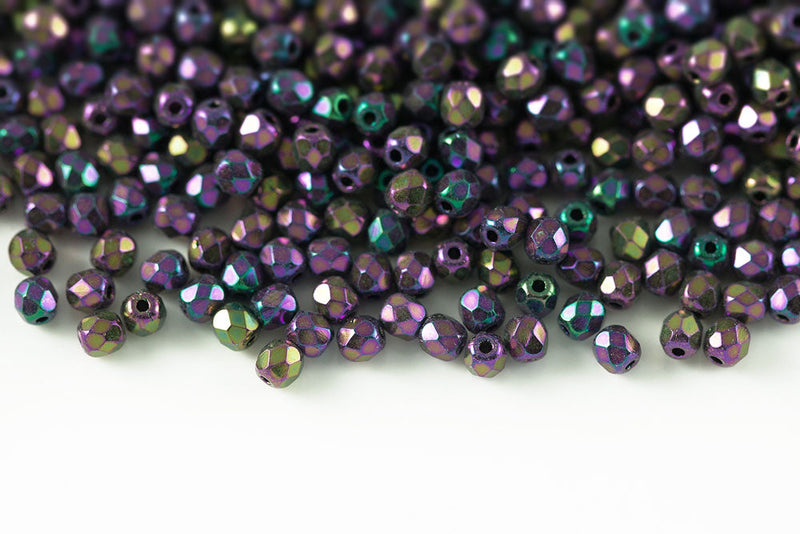 Czech Fire Polished 3mm Jet Red Iris Round Beads
