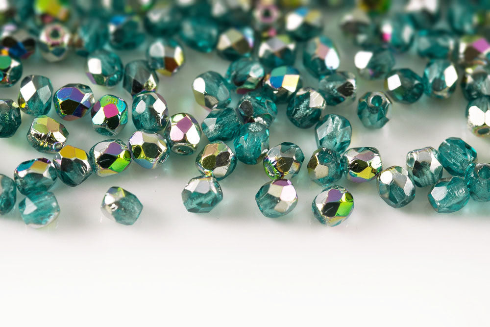 Czech Fire Polished 3mm Peacock Blue Vitrail Round Beads