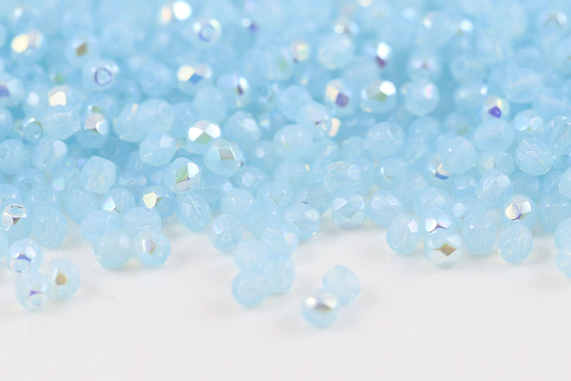 Czech Fire Polished 3mm Opal Aqua AB Round Beads