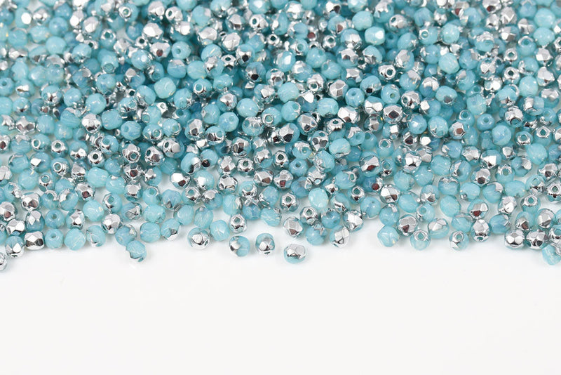 Czech Fire Polished 3mm Opal Drak Aqua Labrador Round Beads