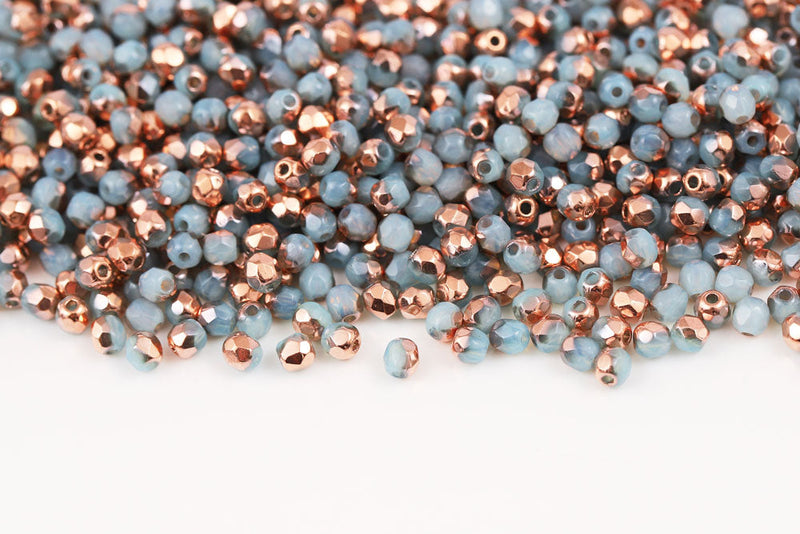 Czech Fire Polished 3mm Opal Drak Aqua Capri Gold Round Beads