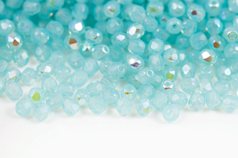 Czech Fire Polished 3mm Opal Dark Aqua AB Round Beads
