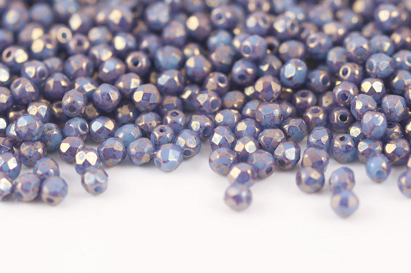 Czech Fire Polished 3mm Turquoise Blue With Gold Marble Finish Round Beads