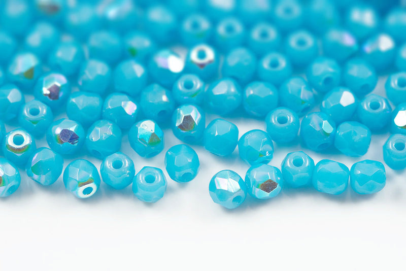 Czech Fire Polished 3mm Turquoise Blue AB Round Beads