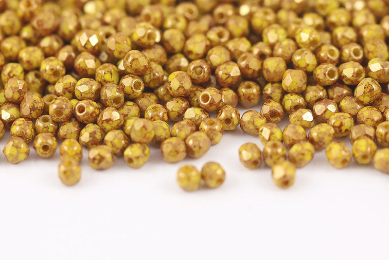 Czech Fire Polished 3mm Turquoise Lemon With Gold Marble Finish Round Beads