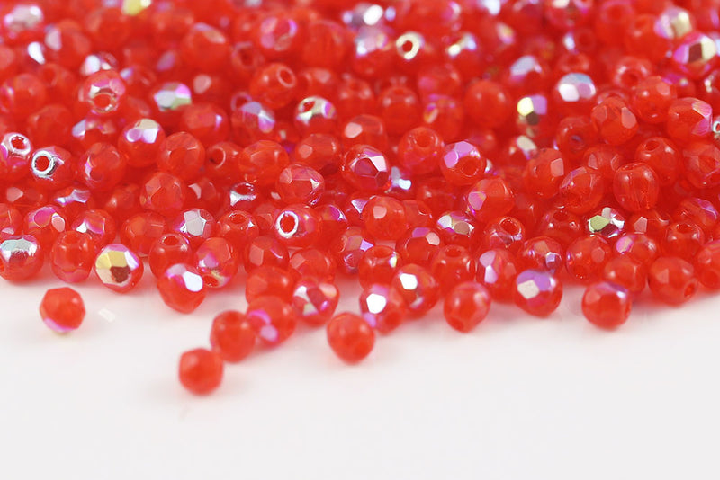 Czech Fire Polished 3mm Opal Lt.Red AB Round Beads