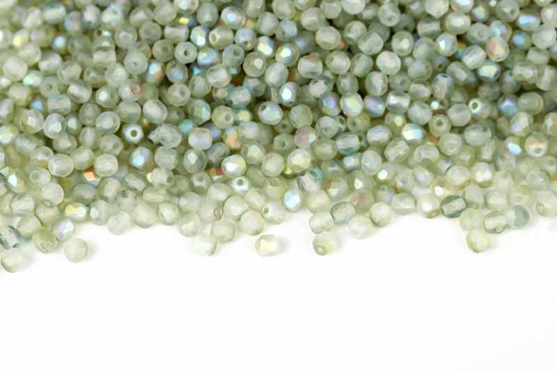 Czech Fire Polished 4mm Crystal Green Rainbow Matt Round Beads