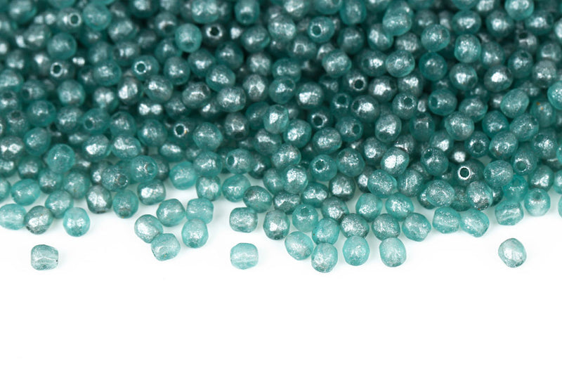 Czech Fire Polished 3mm Peacock Blue Silver Powder Matt Finish Round Beads