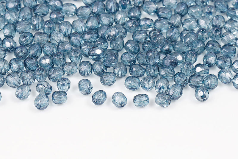 Czech Fire Polished 4mm Crystal Blue Terracotta Round Beads