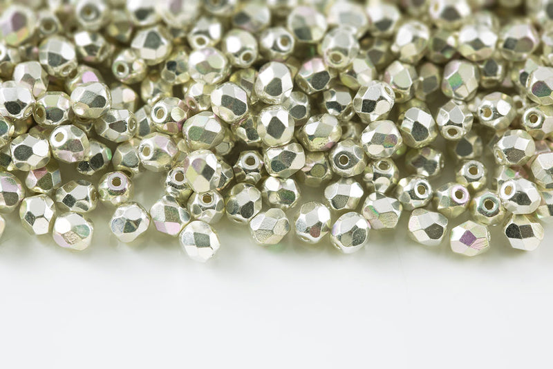 Czech Fire Polished 4mm Silver Plated AB Round Beads
