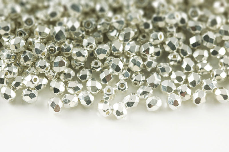 Czech Fire Polished 4mm Silver Plated Round Beads