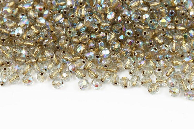 Czech Fire Polished 4mm Crystal Gold Lined AB Round Beads