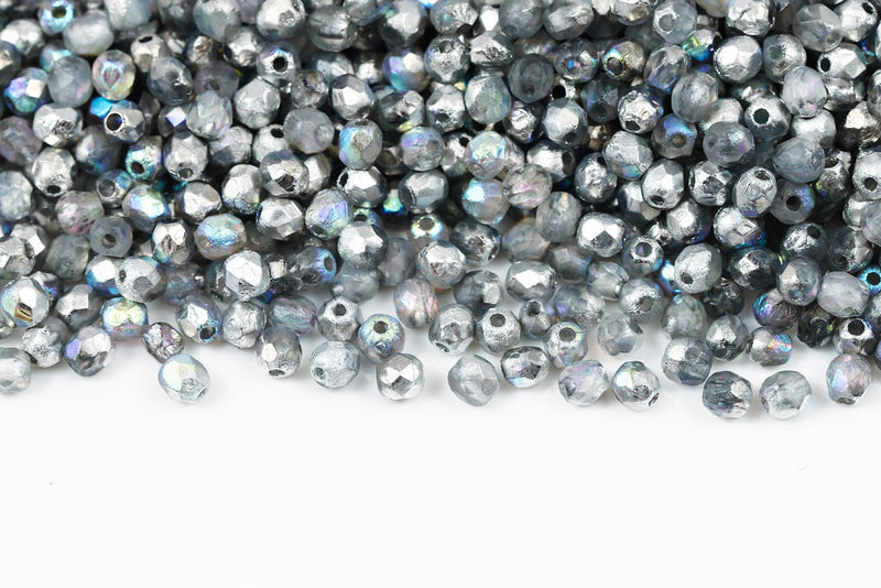 Czech Fire Polished 4mm Crystal Silver Rainbow Etched Finish Round Beads
