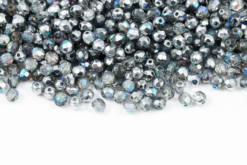 Czech Fire Polished 4mm Crystal Silver Rainbow Round Beads