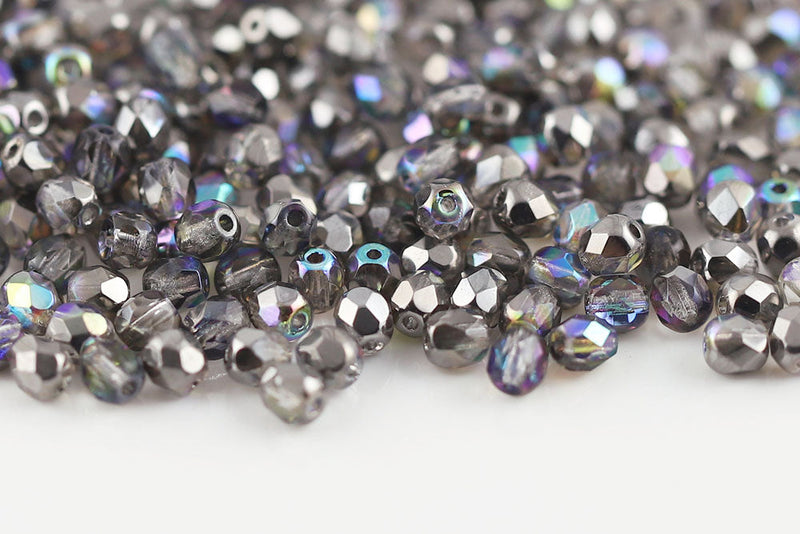 Czech Fire Polished 4mm Crystal Graphite Rainbow Round Beads
