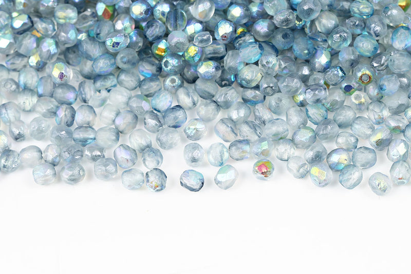 Czech Fire Polished 4mm Crystal Blue Rainbow Etched Round Beads
