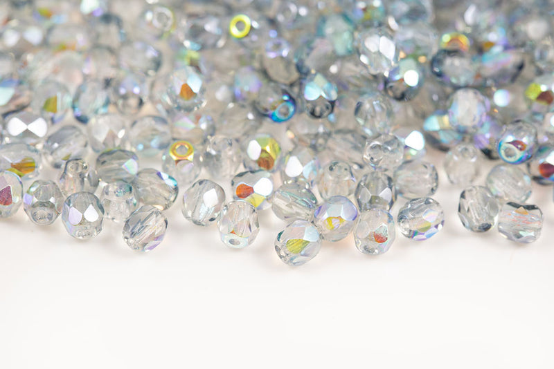 Czech Fire Polished 4mm Crystal Blue Rainbow Round Beads